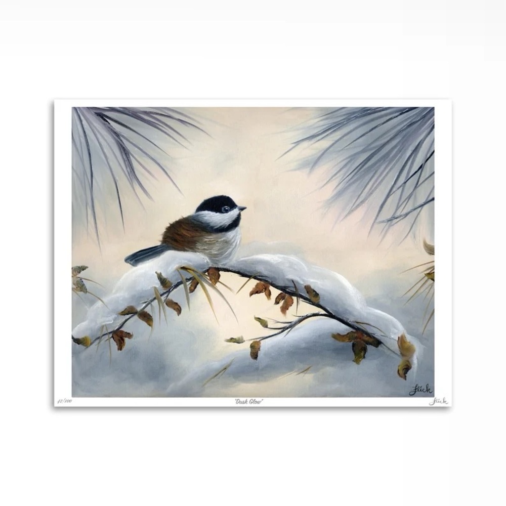 Art Print  8 x 10 Chickadee in Winter Snow / Oil Painting on Canvas / Wall Art